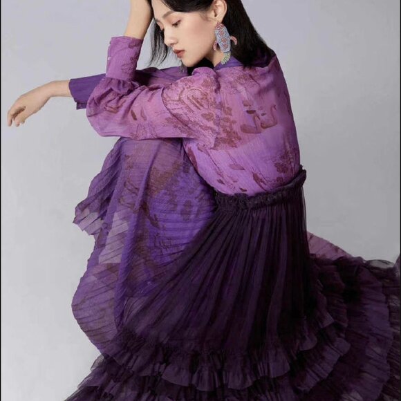 Mukzin Purple Pleated Asymmetrical Dress with Bow Tie Neck - NWT - Picture 5 of 7